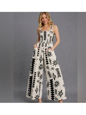 Umgee Black & White Smocked Strap Jumpsuit with Bold Print